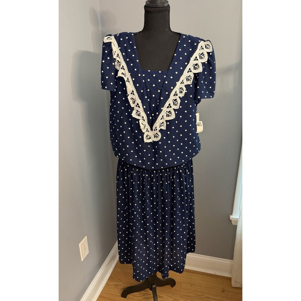 Vintage︱Gilberti︱Blue & White︱Lace︱Polka Dots︱1980's︱Size 16W︱Made in USA︱Dress